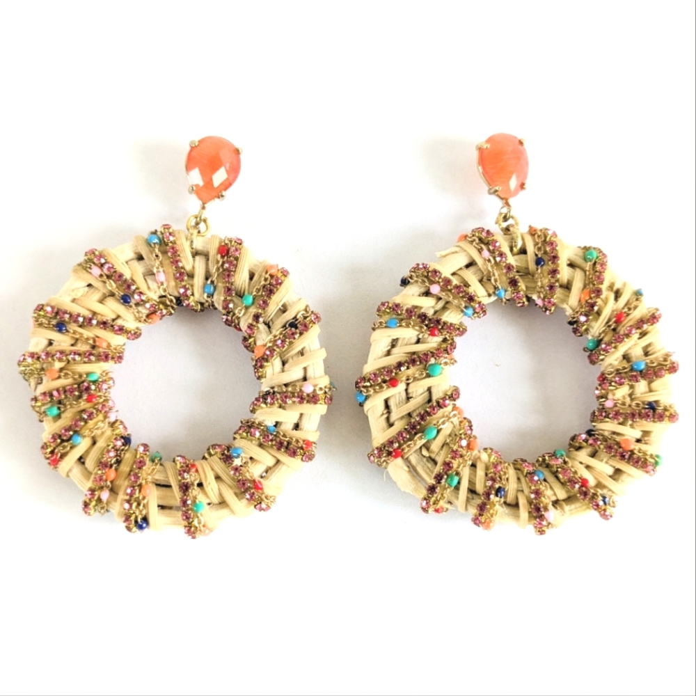 Colorful Raffia Beaded Hoop Earrings NWOT